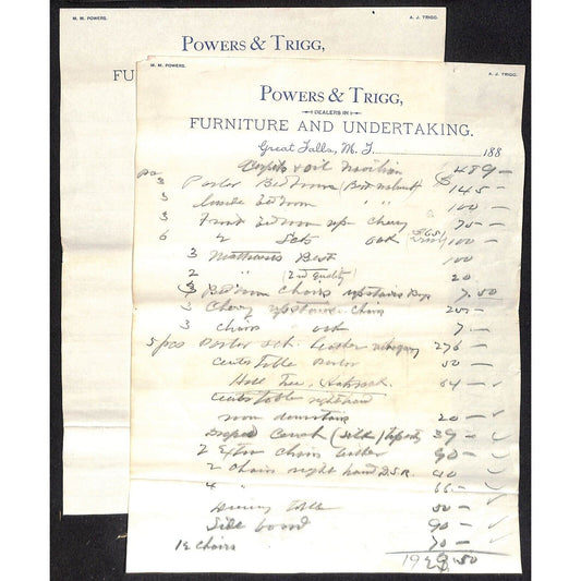 Great Falls, MT Powers & Trigg "Furniture and Undertaking" c1888 2pp Letterhead