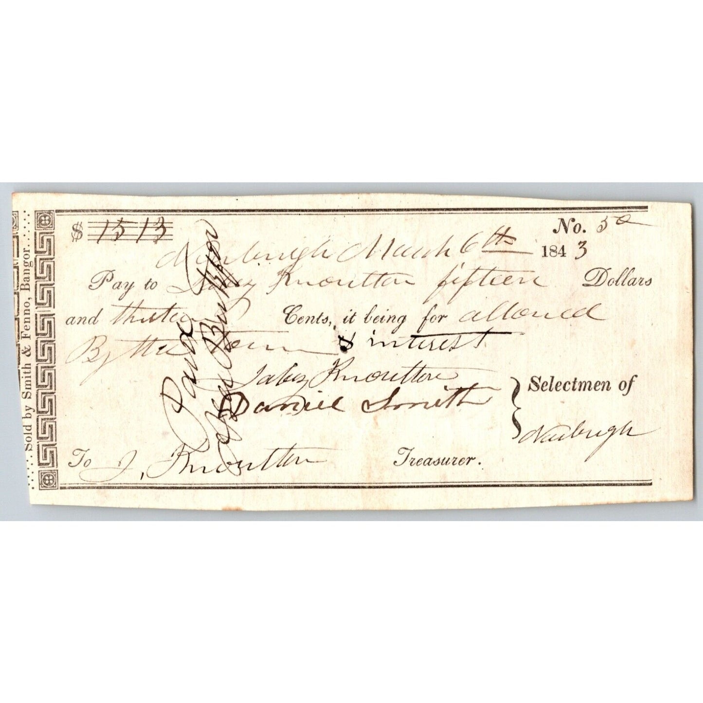 1843 Jabez Knowlton* Newburgh, ME Town Check / Draft to Jabez Knowlton No. 50
