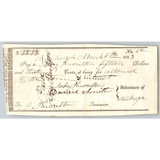 1843 Jabez Knowlton* Newburgh, ME Town Check / Draft to Jabez Knowlton No. 50