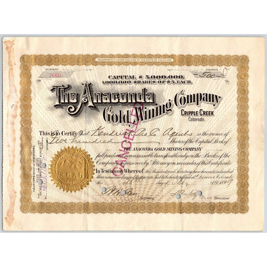 Anaconda Gold Mining Company 1899 Stock Certificate Cripple Creek District #7660