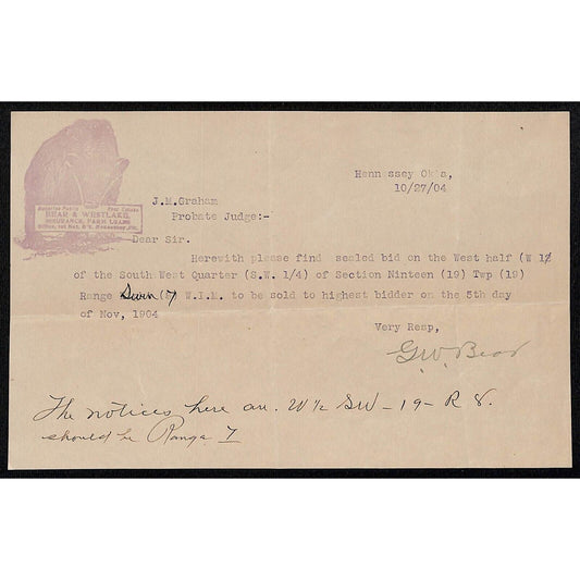 1904 Bear & Westlake Farm Loans Hennessey, OK Territorial TLS Letterhead Scarce