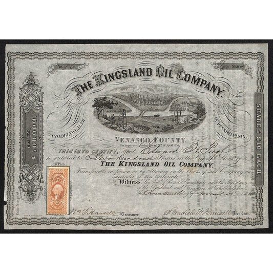 Kingsland Oil Company Pennsylvania 1864 Stock Certificate Rev Stamp Scarce