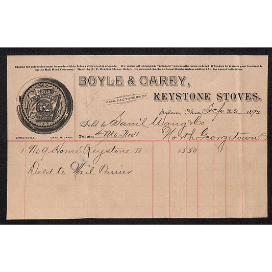 Boyle & Carey Keystone Stoves Salem 1892 Billhead Samuel Wang* N. Georgetown, OH
