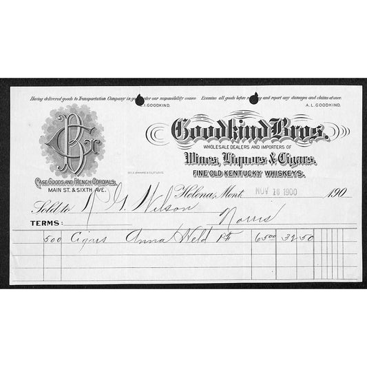 Goodkind Bros. Wines Liquors Cigars 1900 Helena, MT Billhead (#1)
