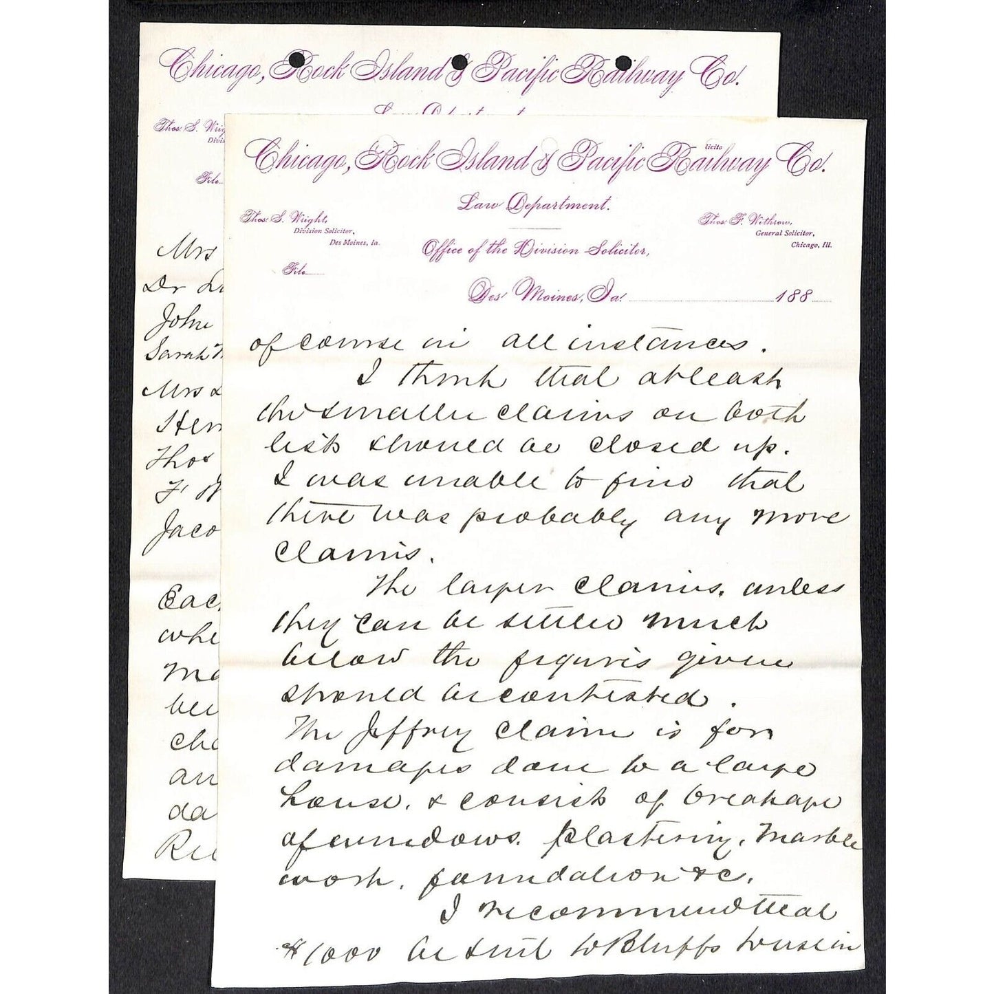 Chicago, Rock Island & Pacific Law Dept. c1882 Partial 2pp Letterhead