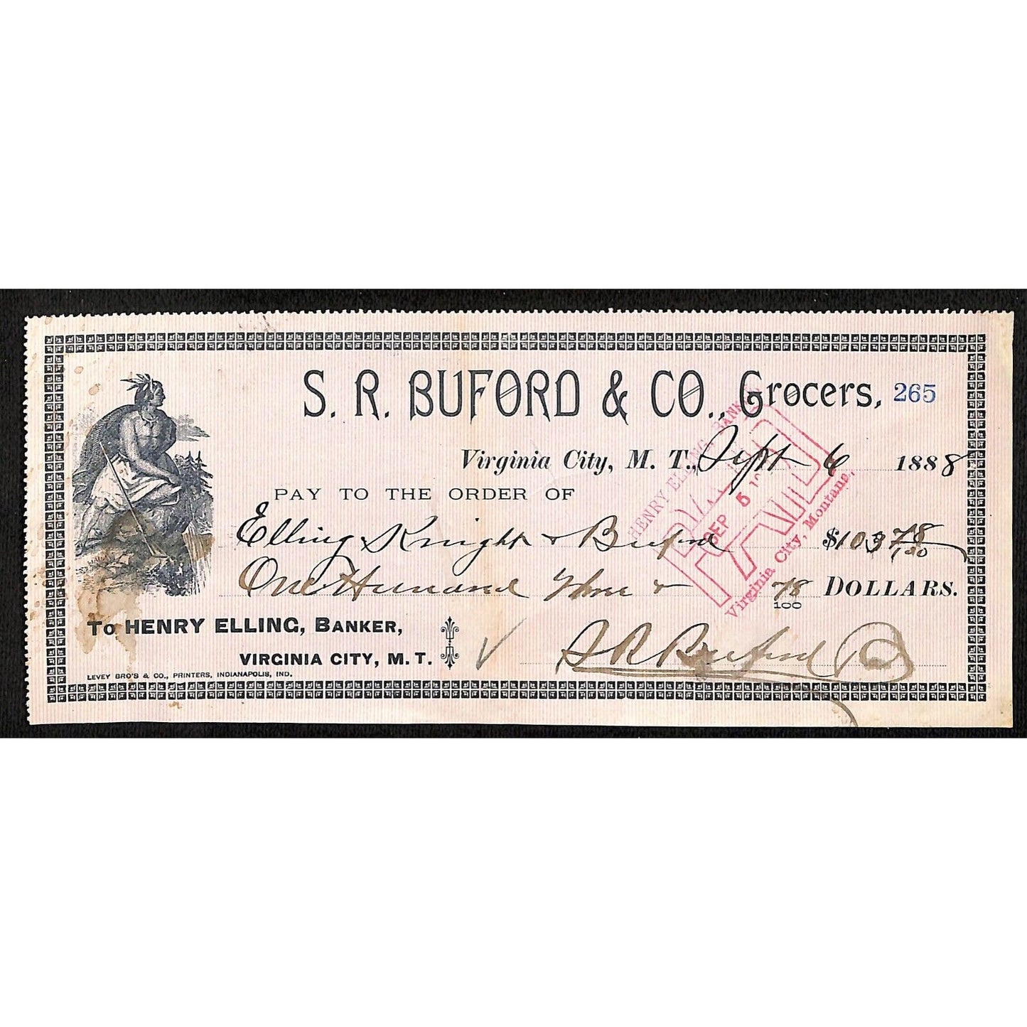 1888 Henry Elling Virginia City Montana Territory S.R. Buford Grocers Check #265