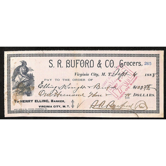 1888 Henry Elling Virginia City Montana Territory S.R. Buford Grocers Check #265