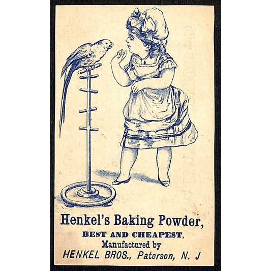Henkel's Baking Powder Paterson, NJ Victorian Trade Card Girl Plays w/ Parrot