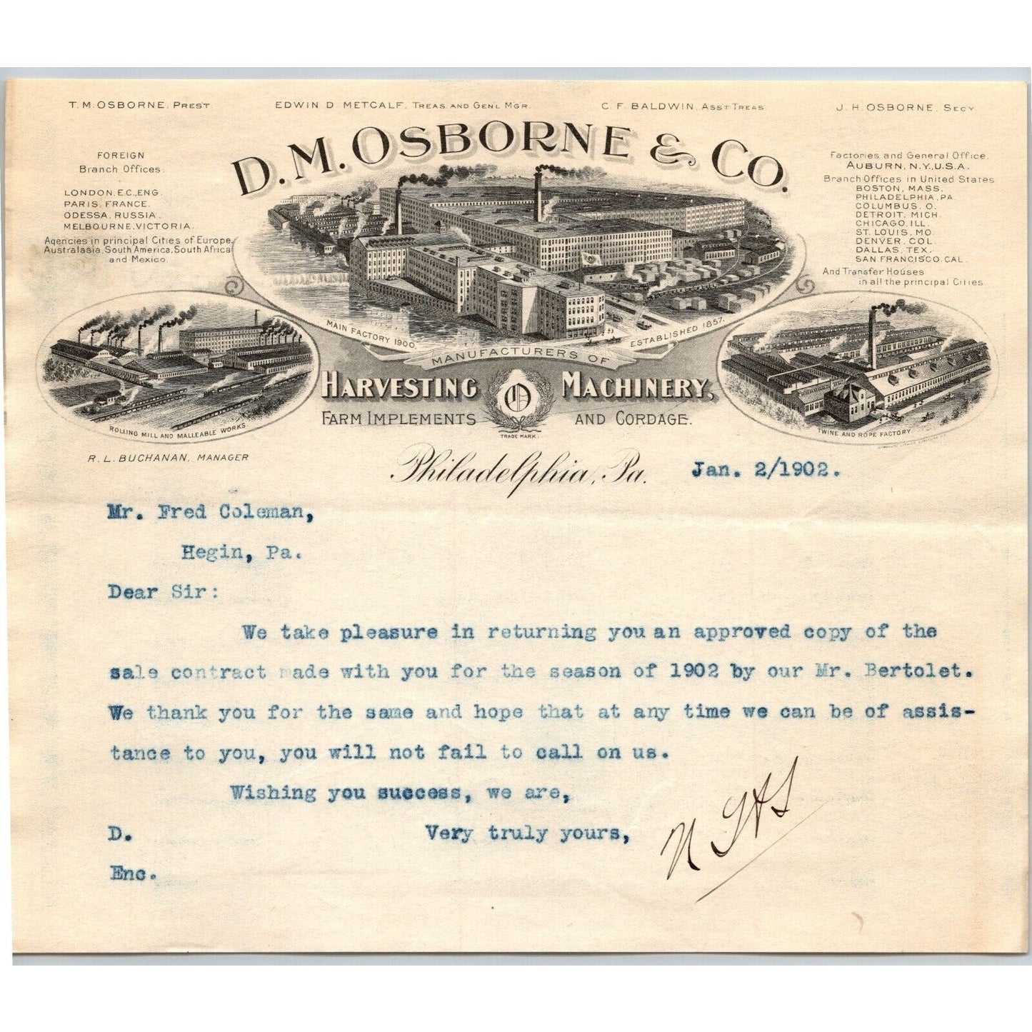 D.M. Osborne & Co. (IH*) Harvesting Machinery Phila. 1/2 1902 Letterhead