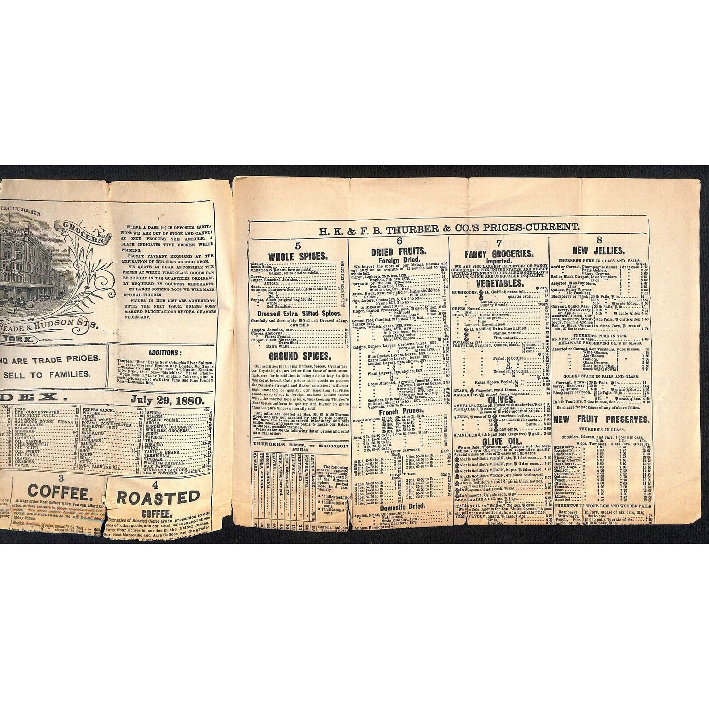H.K. & F.B. Thurber & Co NYC 1880 Newspaper-Style Whsl. Food Price List TORN*