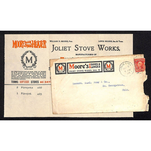 Joliet Stove Works Samuel Wang Co* N. Georgetown 1912 Billhead & Cover w/ Color