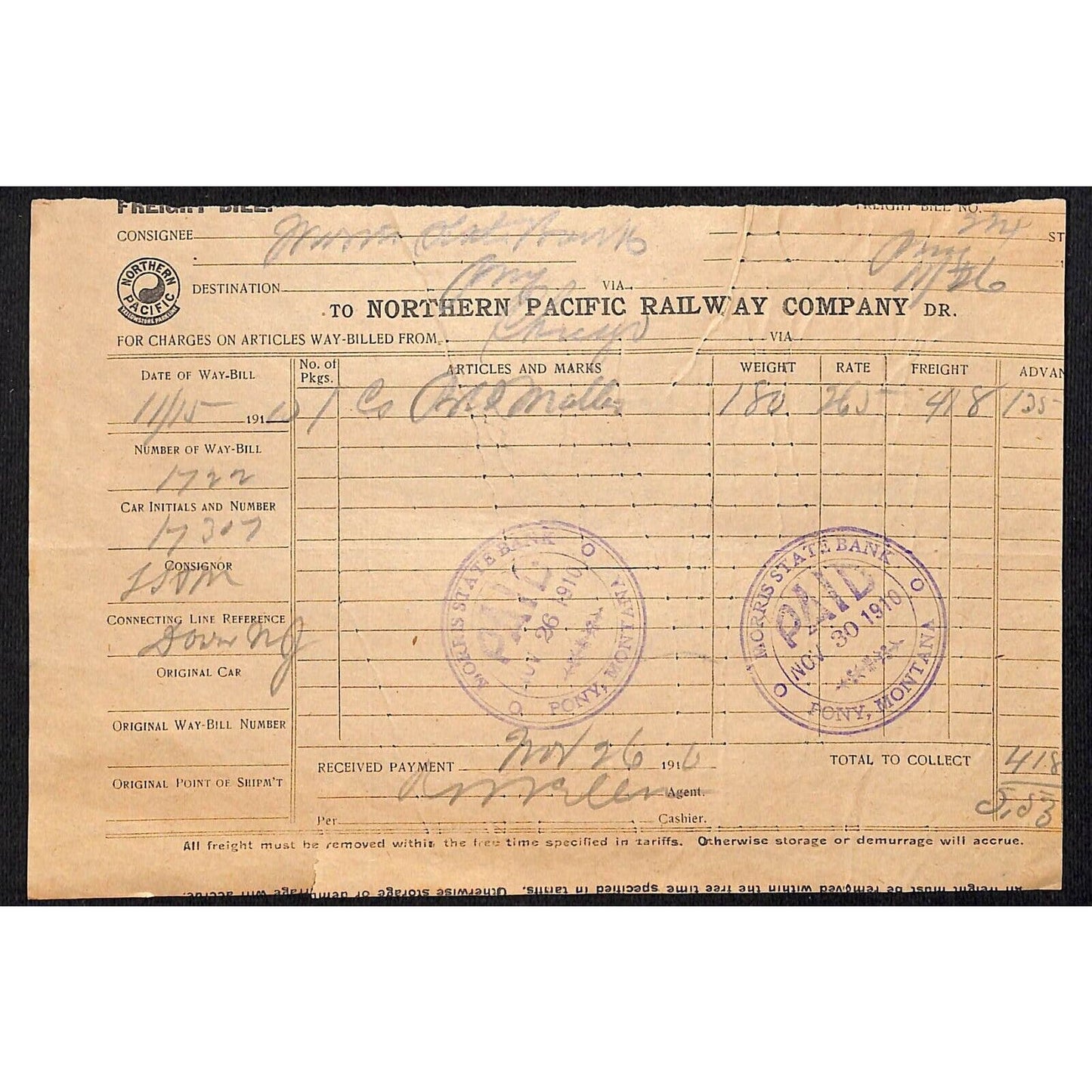 Northern Pacific Railway 1910 Freight Receipt for 180 lbs. of ?? Pony, MT