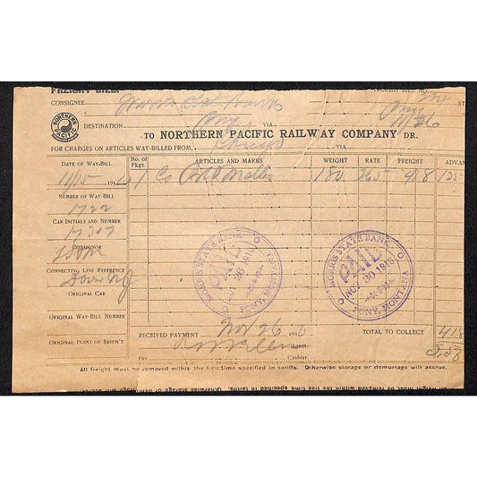 Northern Pacific Railway 1910 Freight Receipt for 180 lbs. of ?? Pony, MT