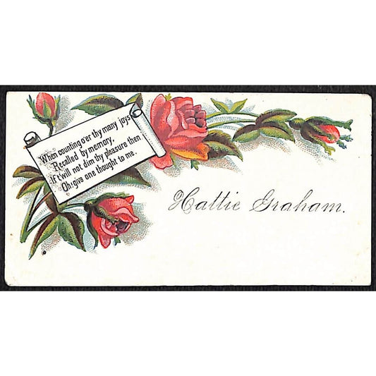 "Hattie Graham" Victorian Calling Greeting Card - Floral Rose Poem