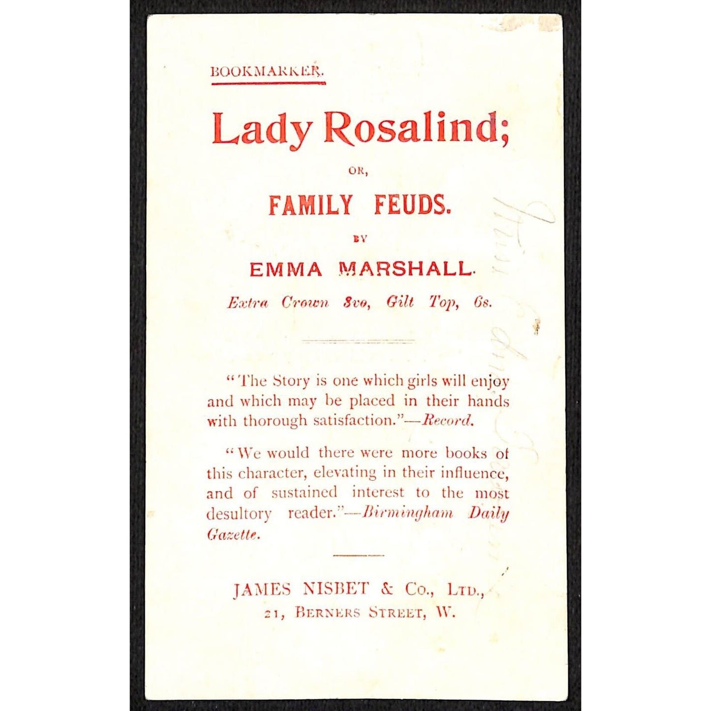 James Nisbet & Co. Lady Rosalind RIP's Redemption Victorian Trade Card Bookmark