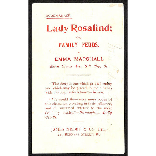 James Nisbet & Co. Lady Rosalind RIP's Redemption Victorian Trade Card Bookmark