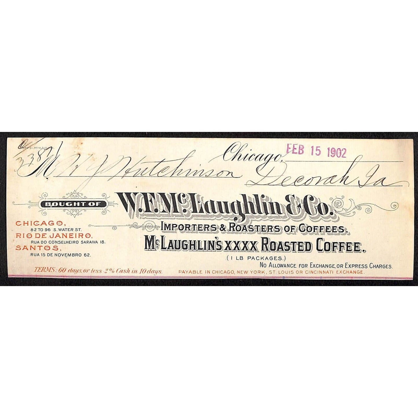 W.F. McLaughlin Coffee Chicago / HJ Hutchinson Decorah, IA* Cut 1902 Billhead