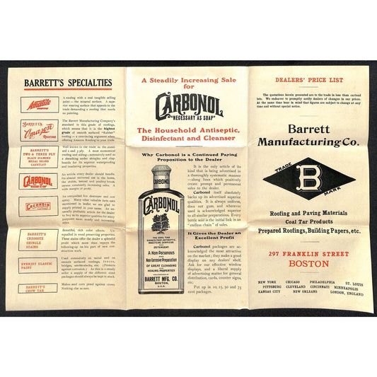 Barrett Manufacturing / Carbonol 1910 Roofing Paving Product Price List VGC
