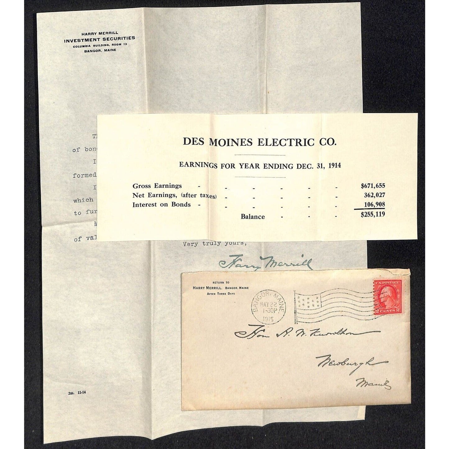 Bangor, ME Harry Merrill - Des Moines Electric 1915 Letterhead & Cover Knowlton*
