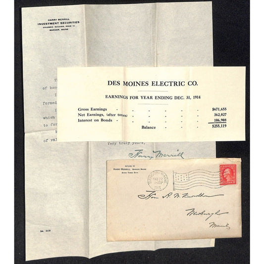 Bangor, ME Harry Merrill - Des Moines Electric 1915 Letterhead & Cover Knowlton*
