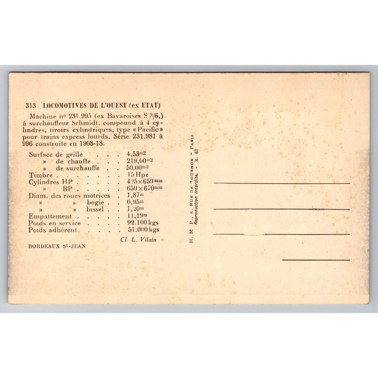 French Railroad RPPC* Postcard Machine 231.995 Series 231.981-996 c1900 H.M.P.