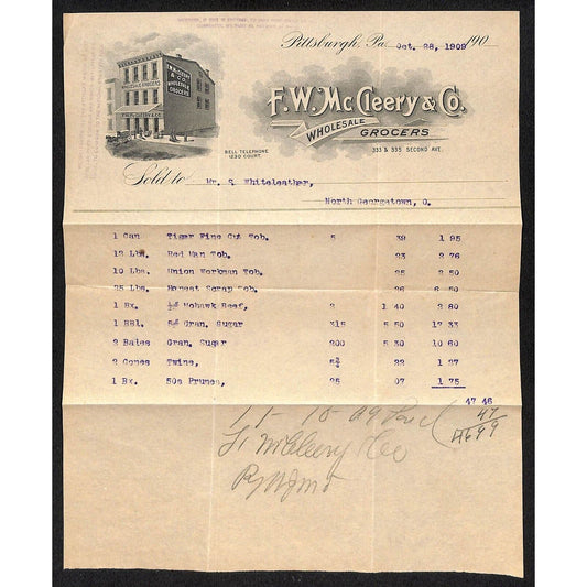 F.W. McCleery & Co. Grocers Sign 1909 Billhead Whiteleather* N. Georgetown OH
