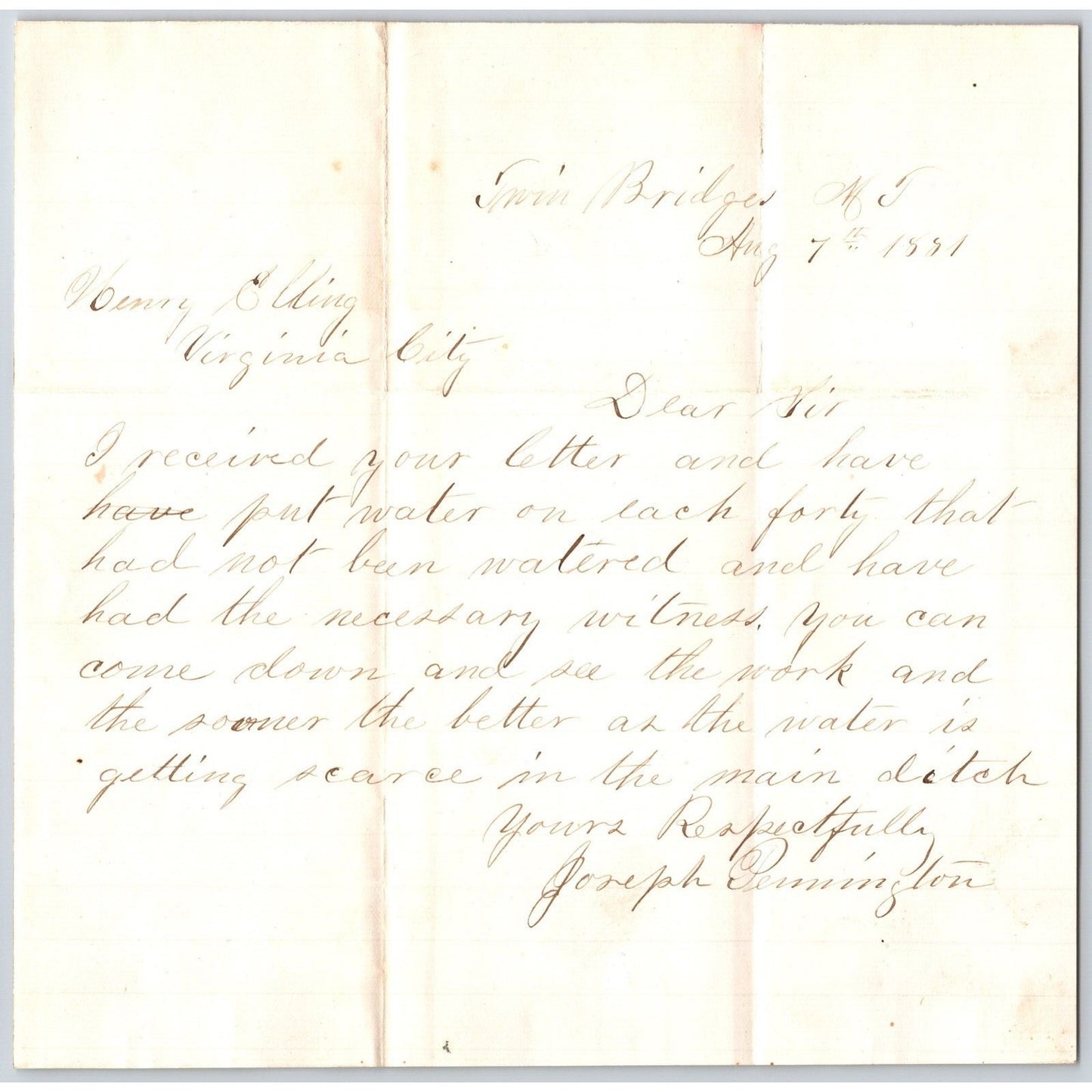 1881 ALS Joseph Remington Twin Bridges to Henry Elling* Virginia City, MT