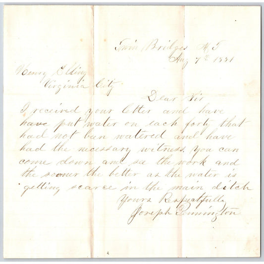 1881 ALS Joseph Remington Twin Bridges to Henry Elling* Virginia City, MT