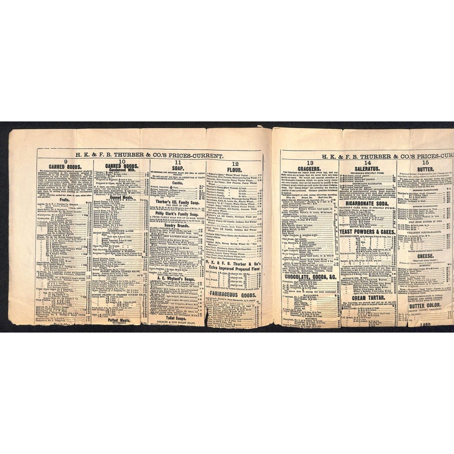 H.K. & F.B. Thurber & Co NYC 1880 Newspaper-Style Whsl. Food Price List TORN*