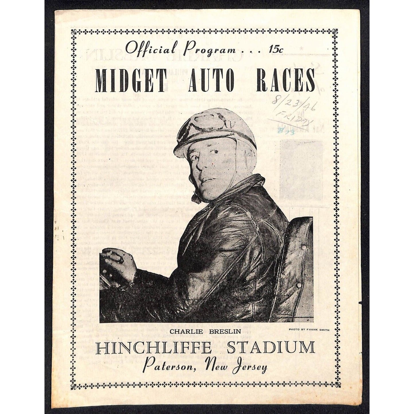 Hinchliffe Stadium Midget Auto Races 8/23/1946 Program Charlie Breslin 4pp
