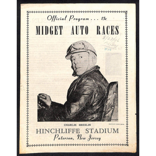 Hinchliffe Stadium Midget Auto Races 8/23/1946 Program Charlie Breslin 4pp