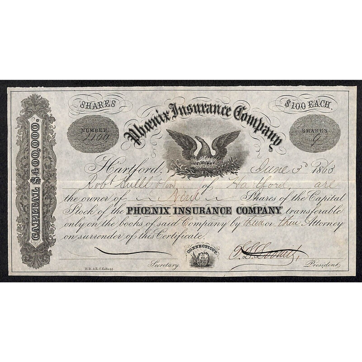 Phoenix Insurance Company Hartford, CT 1863 Stock Certificate Robert Buell & Son