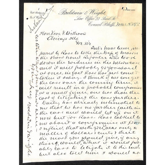 Baldwin & Wright Council Bluffs 1875 Letterhead re: Legal Matters