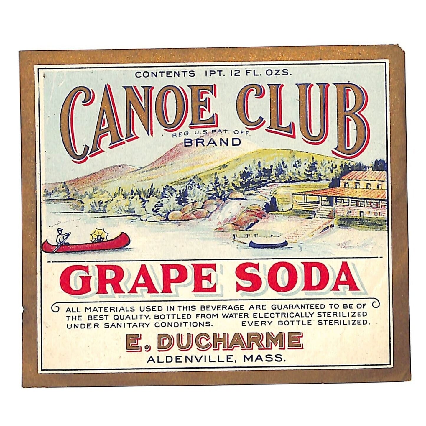 Canoe Club Grape Soda Label E. Ducharme Aldenville, MASS c1927 Scarce
