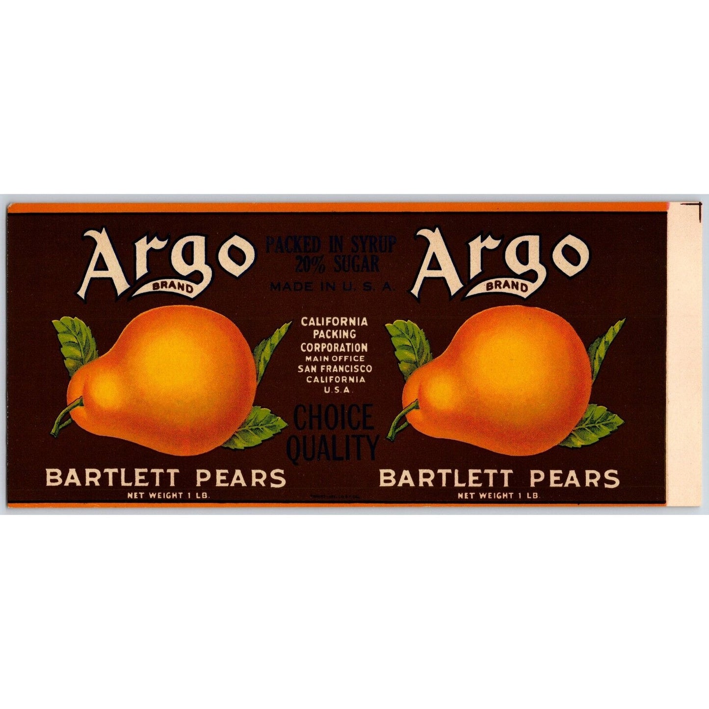 Argo Brand Bartlett Pears California Packing Corp. Paper Can Label c1925-35 VGC