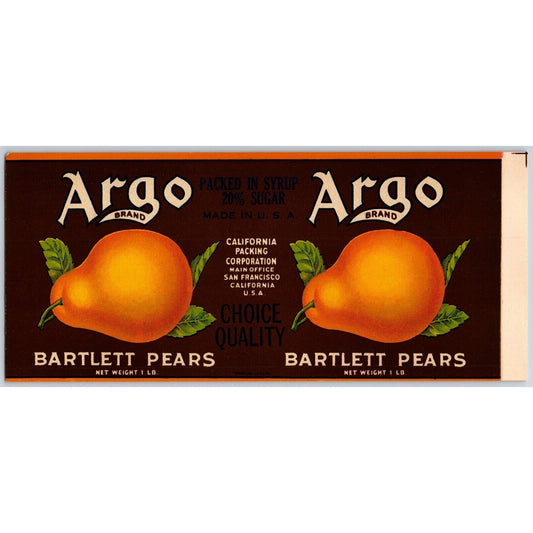 Argo Brand Bartlett Pears California Packing Corp. Paper Can Label c1925-35 VGC