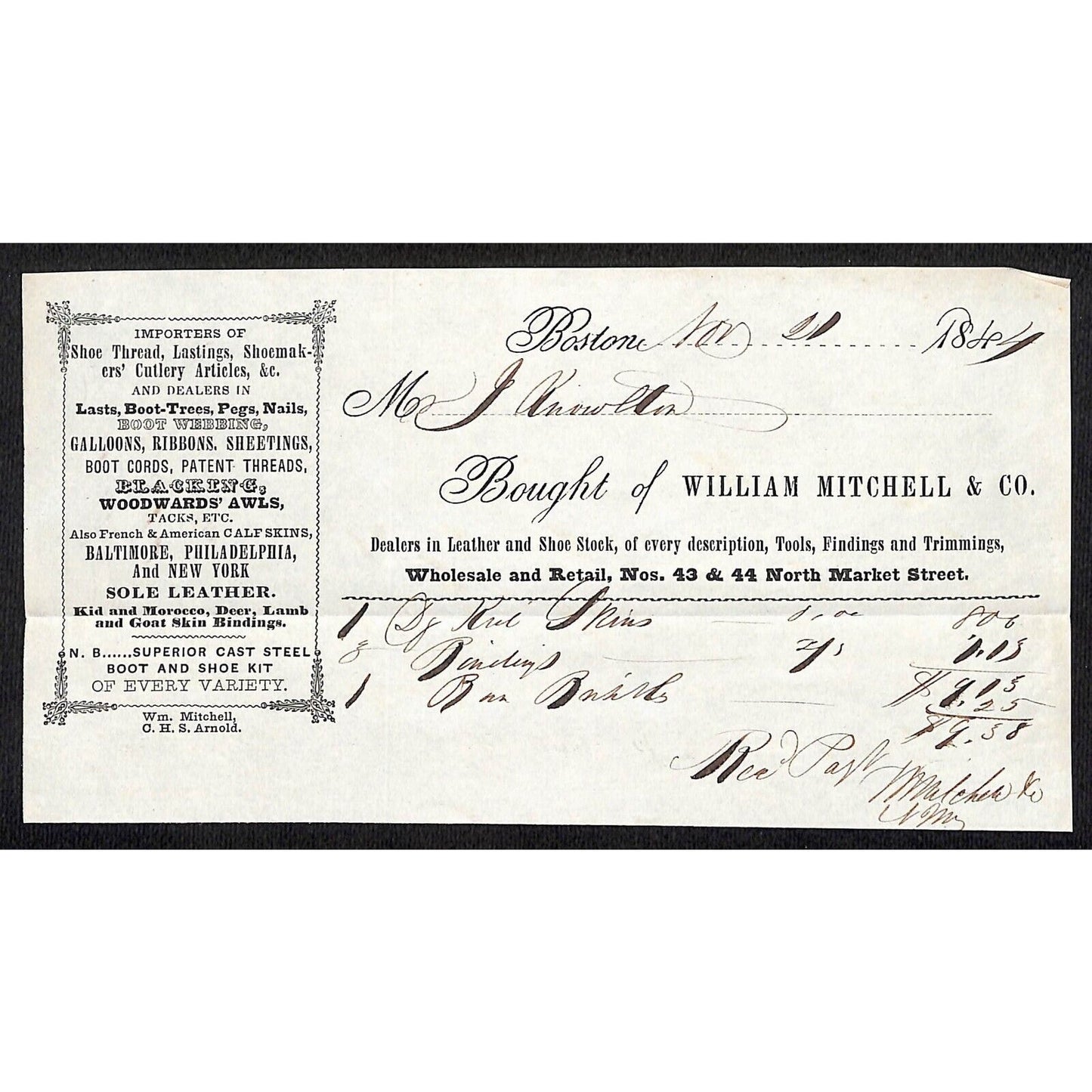 1844 Jabez Knowlton* Newburgh, ME William Mitchell & Co. Boston Leather Billhead