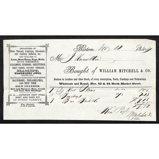 1844 Jabez Knowlton* Newburgh, ME William Mitchell & Co. Boston Leather Billhead