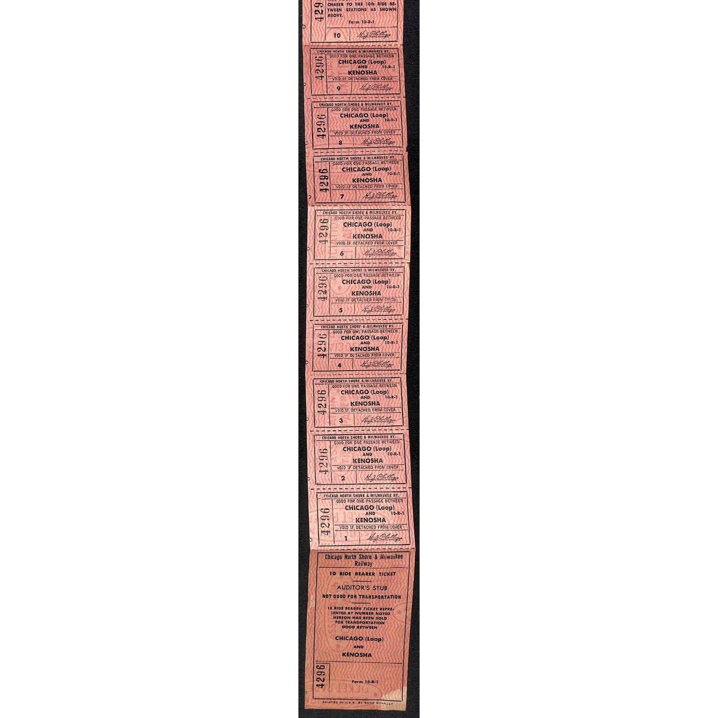 Chicago North 10 Ride Ticket Strip Complete Chicago (Loop) - Kenosha 21" #4296