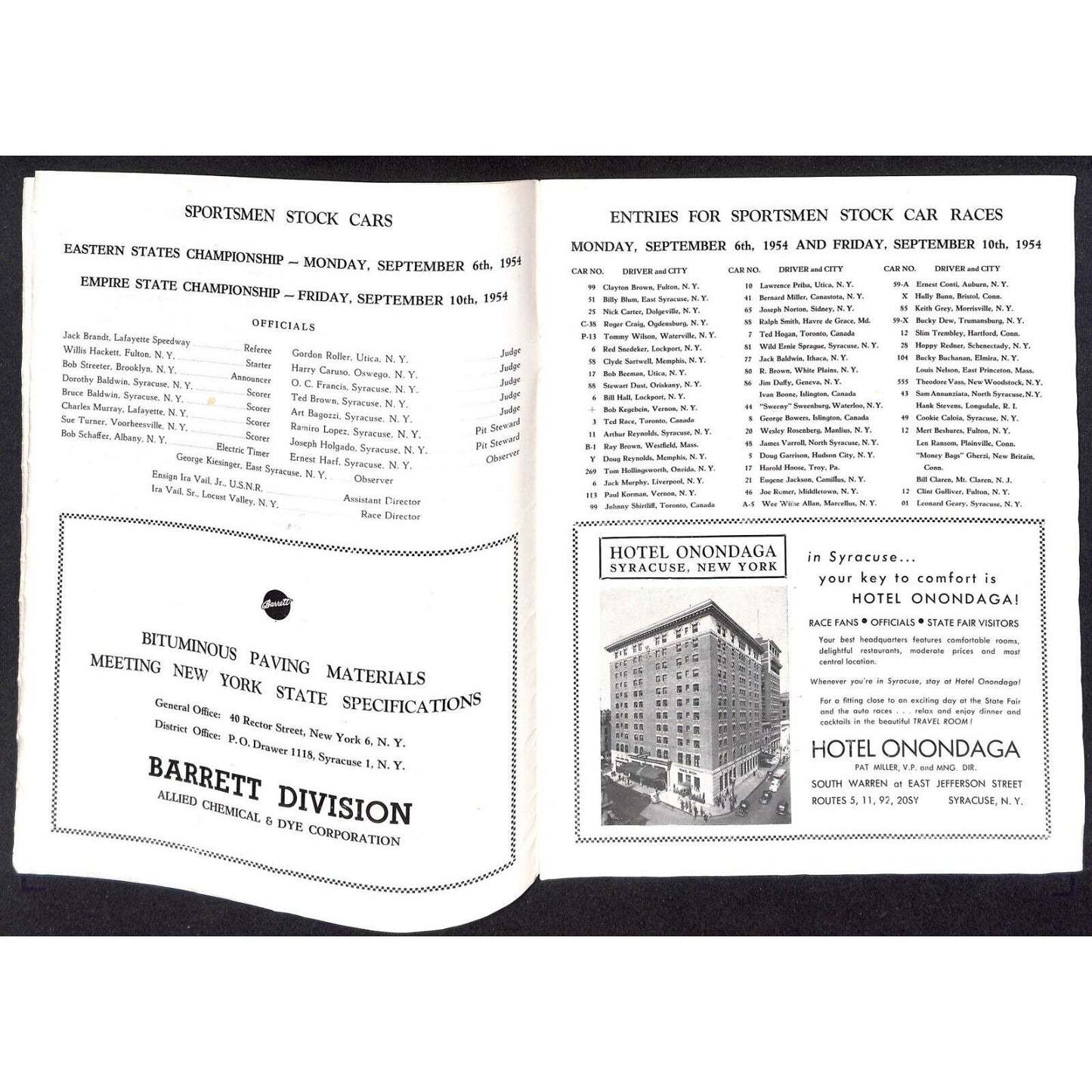 New York State Fair Auto Racing Program Stock Car Sept. 1954 24pp Scarce