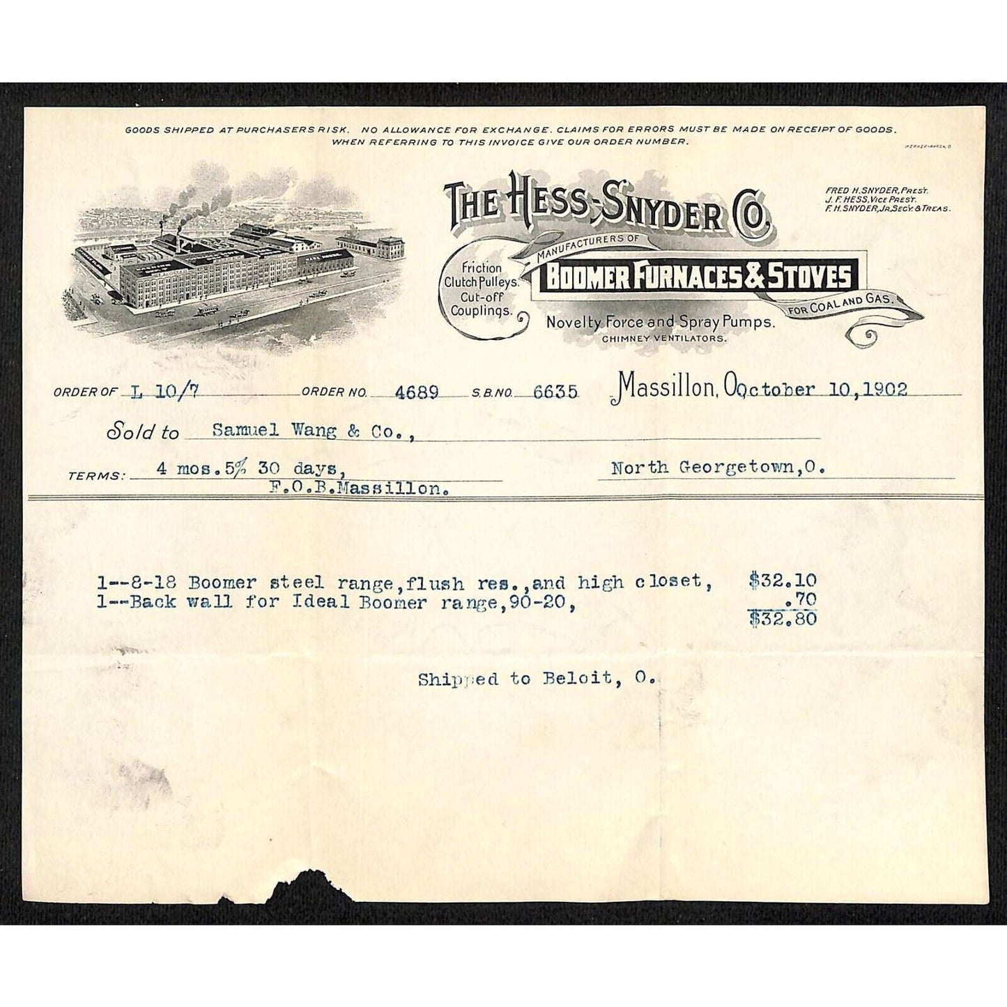 Hess-Snyder Co. Boomer Furnaces Massillon Billhead 1902 Samuel Wang*