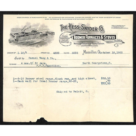 Hess-Snyder Co. Boomer Furnaces Massillon Billhead 1902 Samuel Wang*