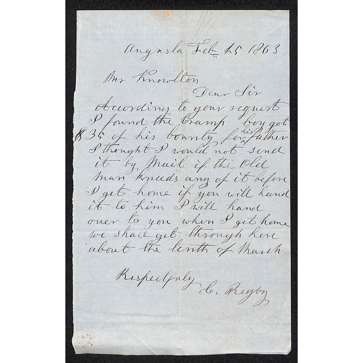 1863 Jabez Knowlton* Newburgh ME ALS re: Hand Father $35 of Son's Bounty ??