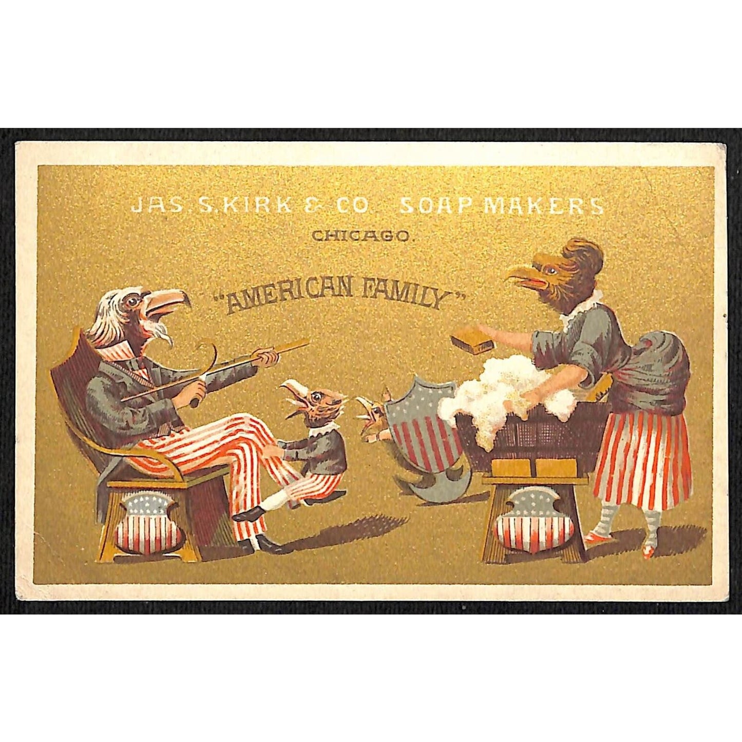 Jas. S. Kirk Soap "American Family" Victorian Trade Card U.S. Flag Eagle Themed