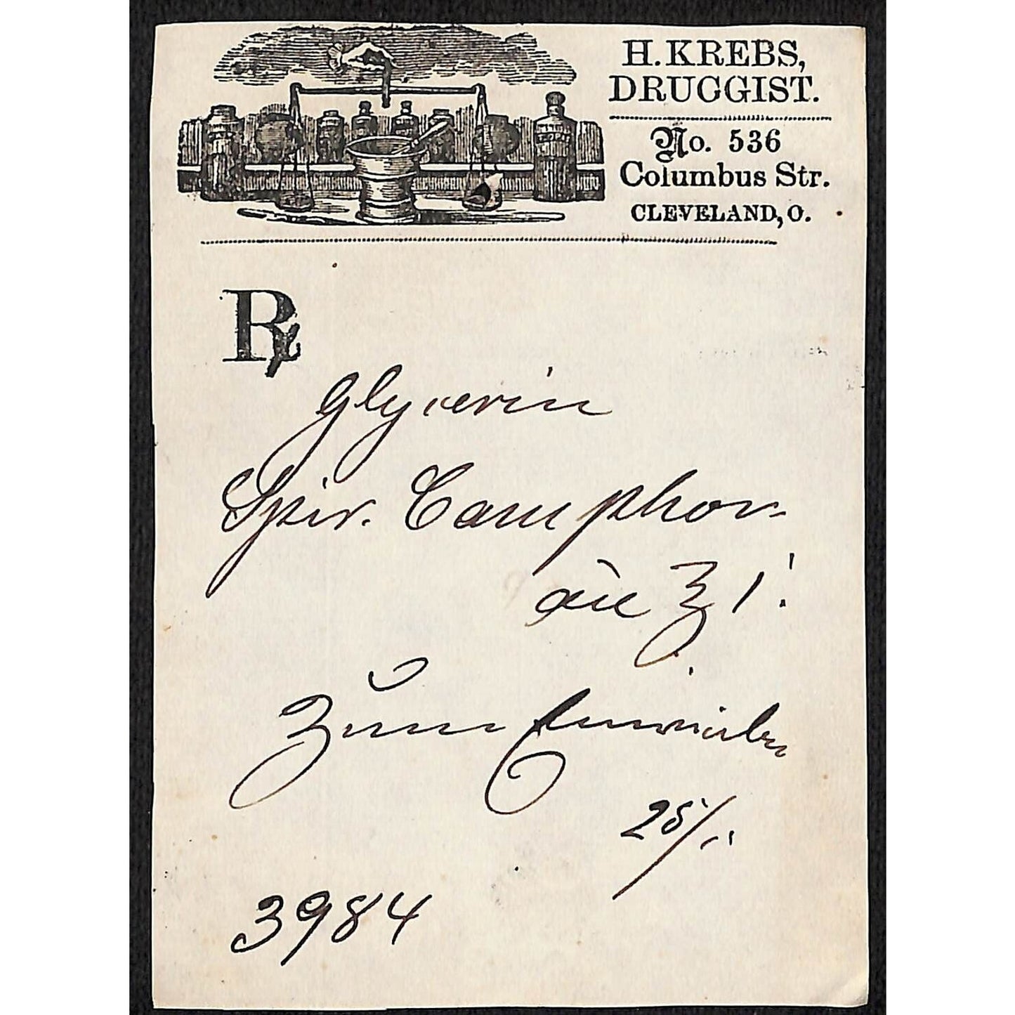 H. Krebs, Druggist Columbus St. Cleveland c1870's* Prescription #3984