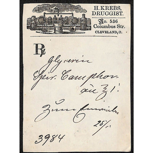 H. Krebs, Druggist Columbus St. Cleveland c1870's* Prescription #3984