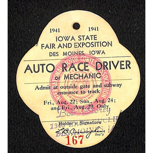 1941 Iowa State Fair Auto Race Driver or Mechanic Ticket / Pass #167 Scarce
