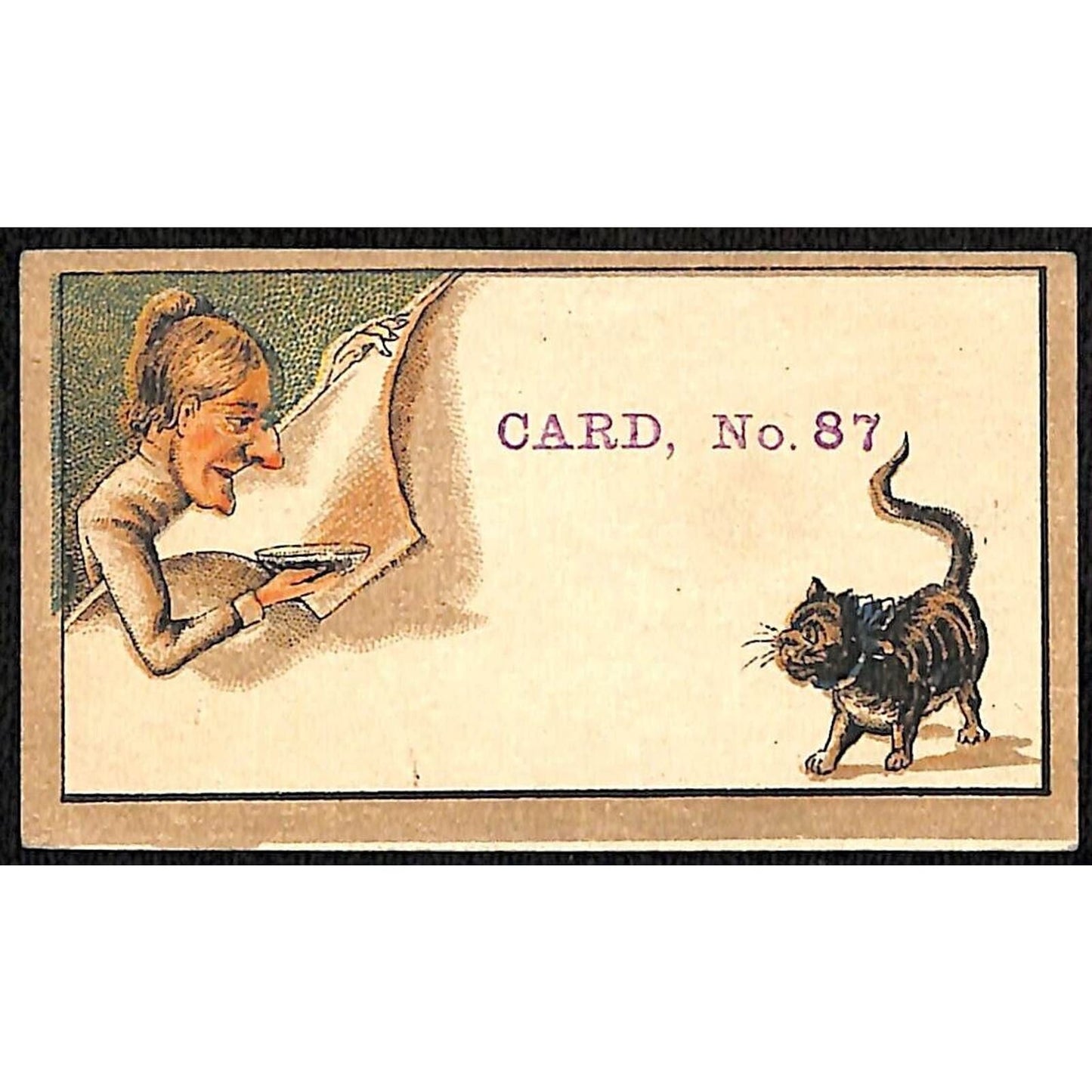 Cat Kitten Woman w/ Milk Bowl Victorian Trade Card Salesman's Sample VGC