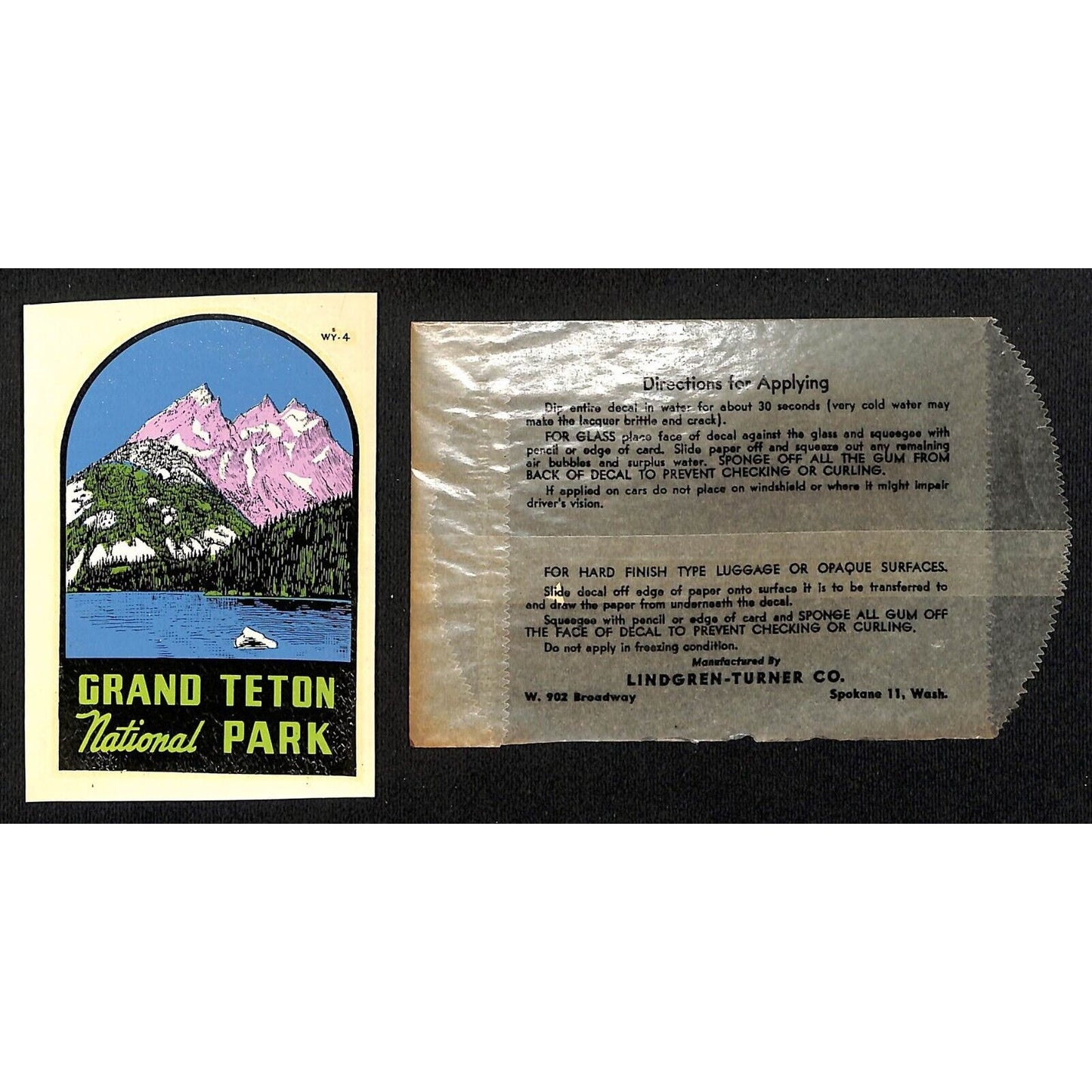Grand Teton National Park Wyoming Water Transfer Decal Travel Souvenir c1950's