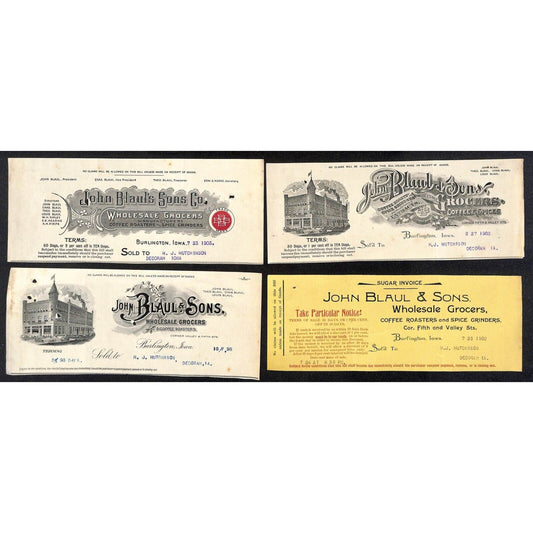 John Blaul Coffee Spices Burlington, IA Hutchinson* 4pc 1893-1903 Cut Billheads